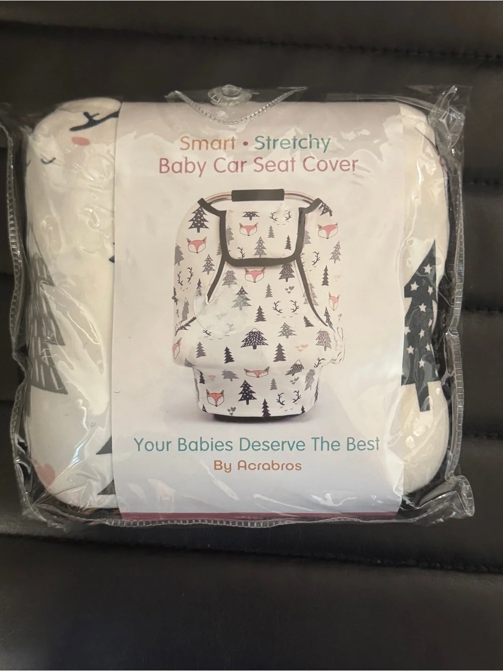 Infant Car Seat Cover in White with Pink Fox & Black Tree Print NEW in package